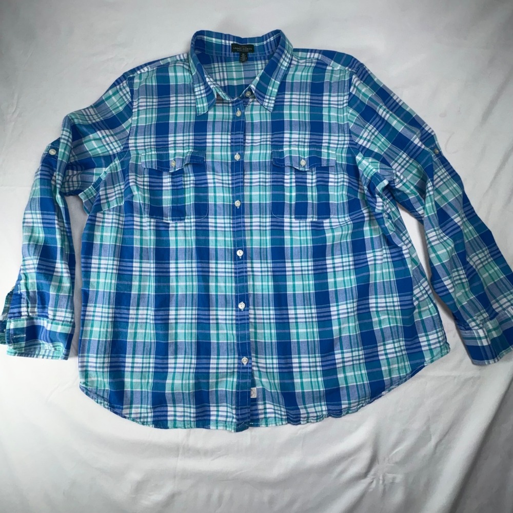 Lauren Ralph Lauren Blue Teal Plaid Roll Tab Button Down Shirt Womens 3X Cotton